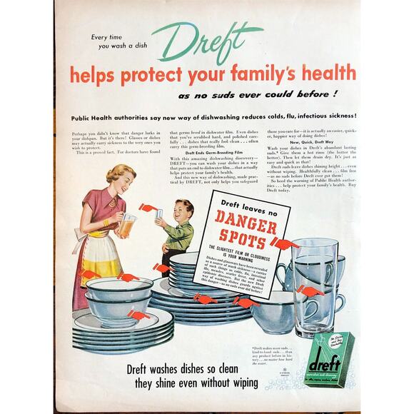 Vtg Dreft Dish Soap Print Ad Retro Kitchen Germs Disease 1940s Health 1948 - Picture 1 of 2